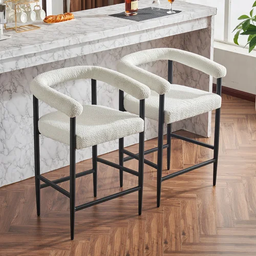 Modern Upholstered Bar Stools Set of 2, Boucle Fabric Counter Height Chairs with Metal Frame & Armrests