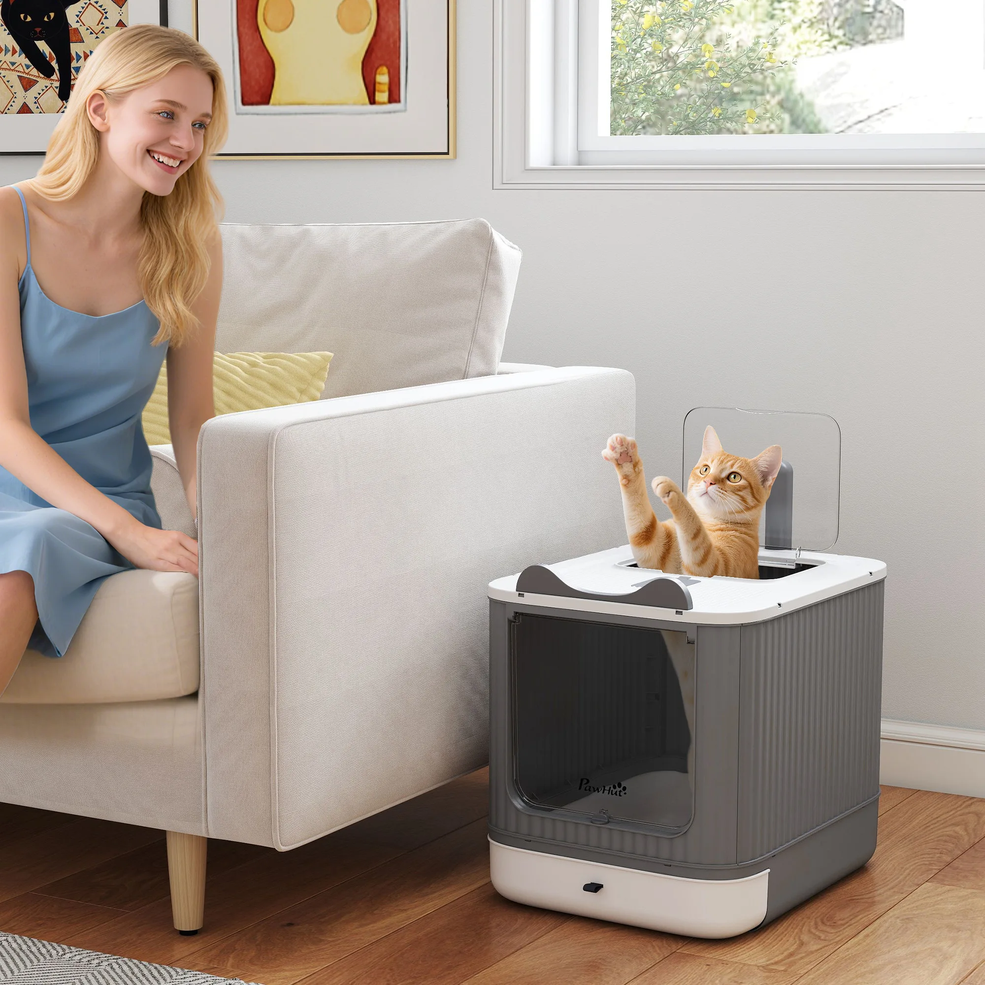 

Лоток для кошек с крышкой, закрытый лоток для средних кошек, с входом спереди и выходом сверху, совок, пакет с дезодорантом, белый цвет