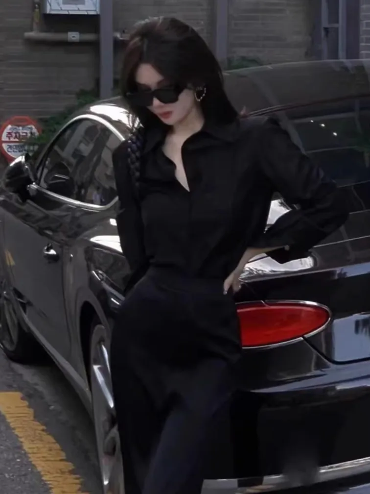 

Elegant Black Long Sleeve Shirt Women's Casual Outerwear Anti-Wrinkle Commute Polyester Fiber Straight Cut Button up Shirt