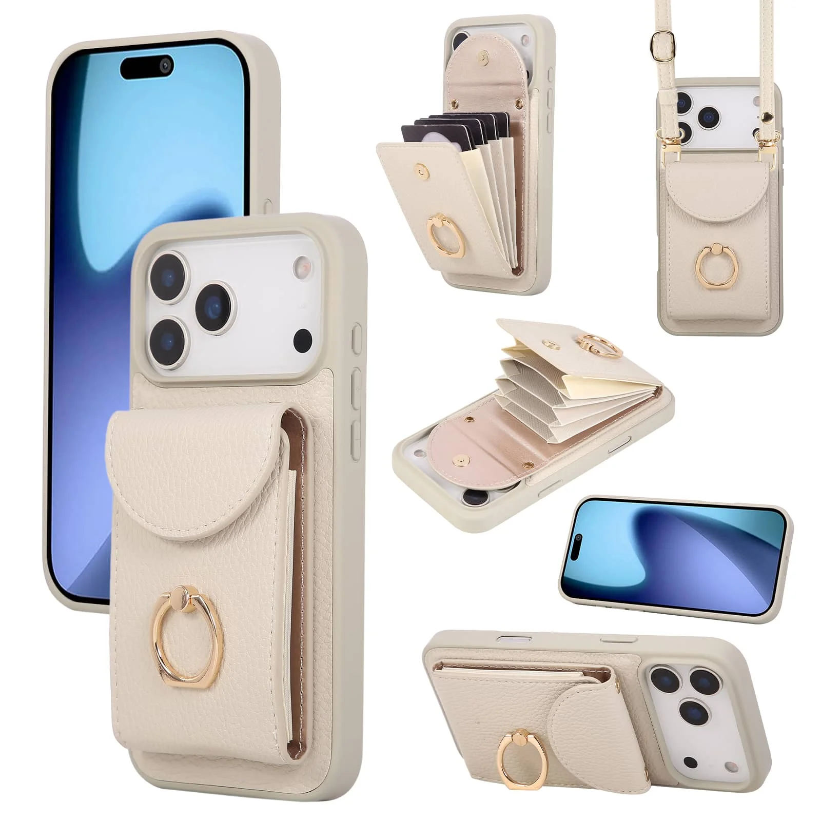 Etui portfelowe do iPhone'a 17 Pro Max 17 Pro Air, pokrowiec z uchwytem na karty i ochroną 360 stopni °   Pierścień-uchwyt i wytrzymały, odporny na wstrząsy bumper ochronny