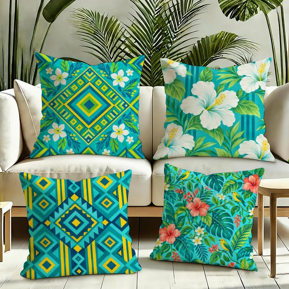 Turquoise Tropical Geometry Cushion Cover Silky Short Plush Invisible Zipper Dustproof Sofa Pillow Case for Home Decor