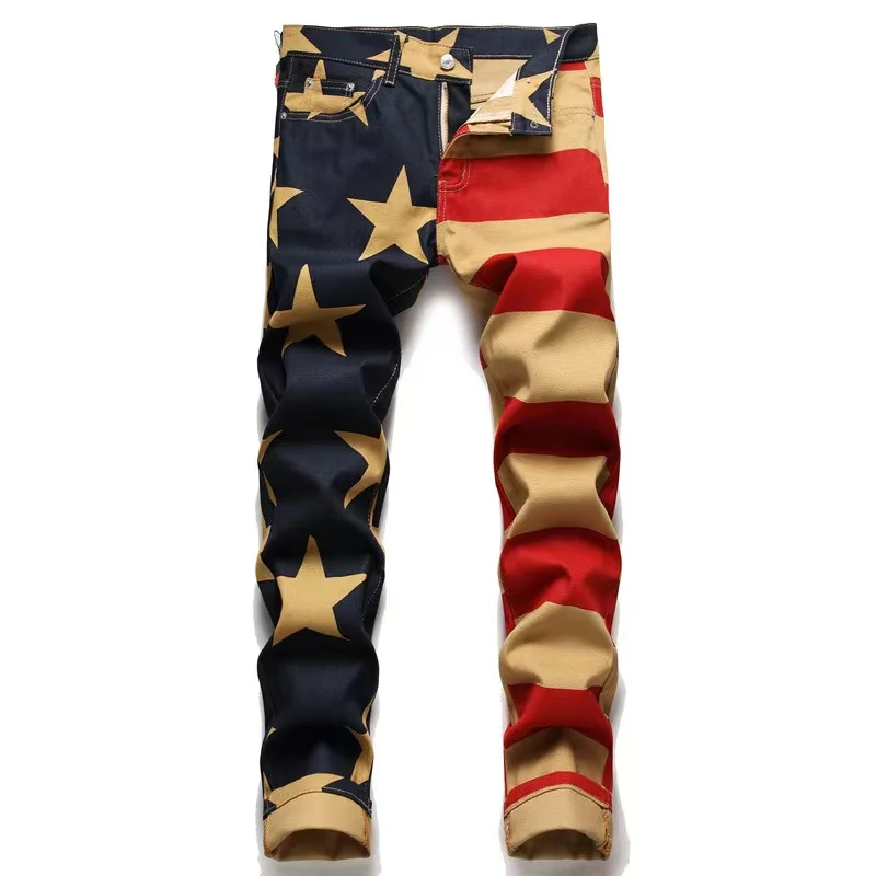 

EH·MD® American Flag Spliced Jeans Men's Rainbow Embroidery Back Pocket Splash Soft Slim Fit Cotton Elastic Pants Catch the Tid