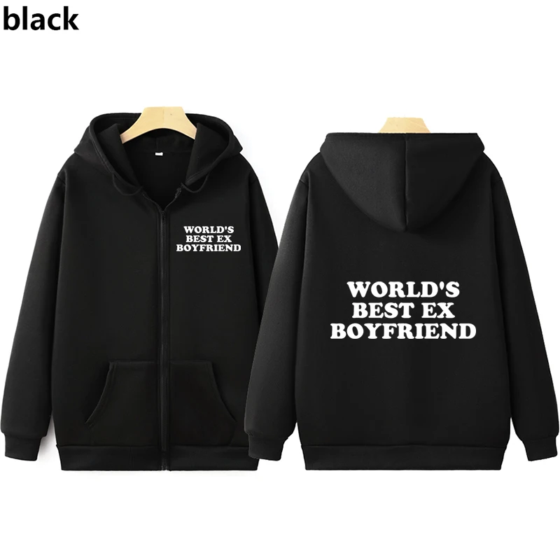 Men Casual Streetwear World's Best Ex Boyfriend Letter Print Zipper Hoodie Funny Graphic Sweatshirt Cardigan Punk Autumn Winter