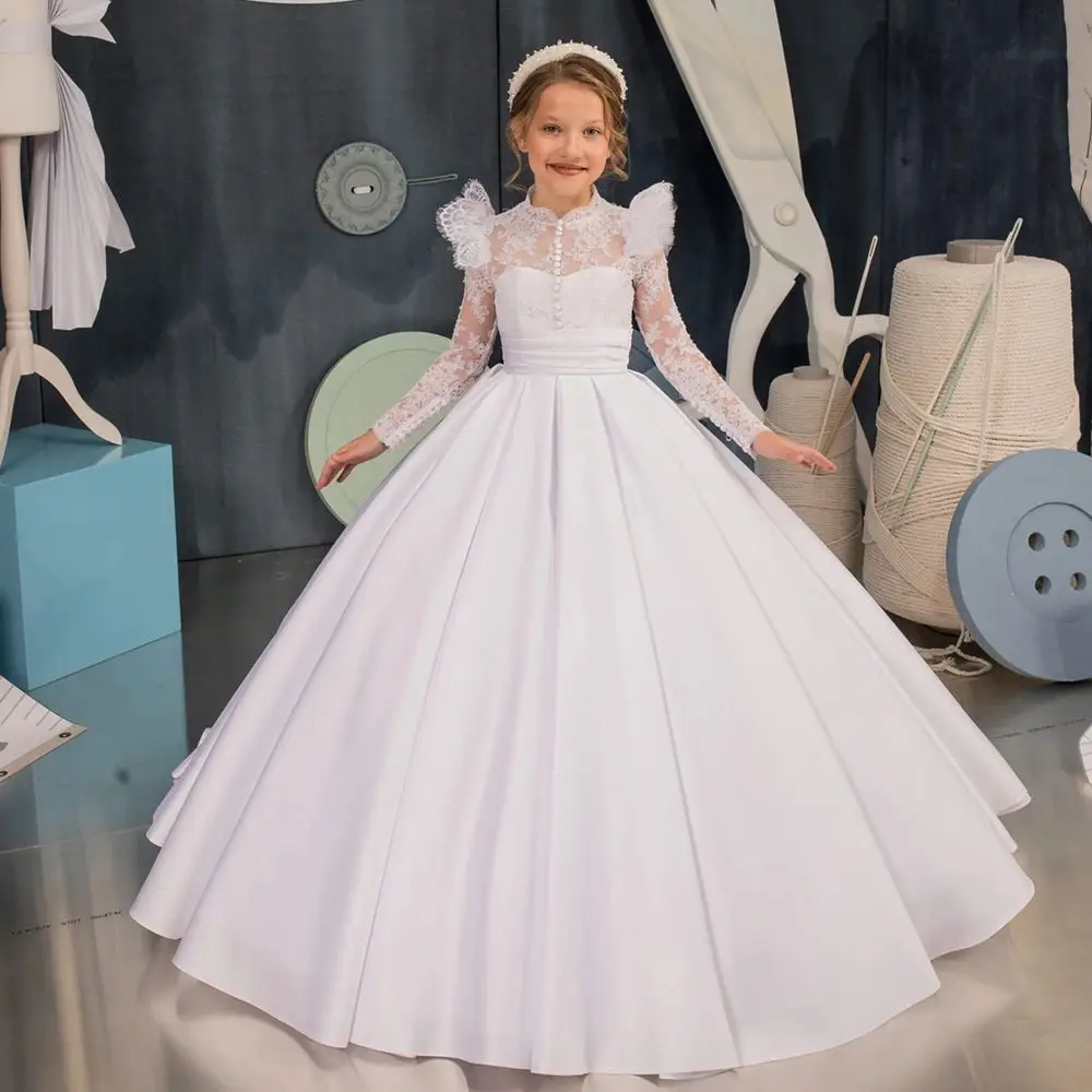 

EVLAST Vintage Ball Gown Flower Girls Dress for Wedding High Neck Long Sleeve Kids First Communion Dress Lace Formal Wear TFD023