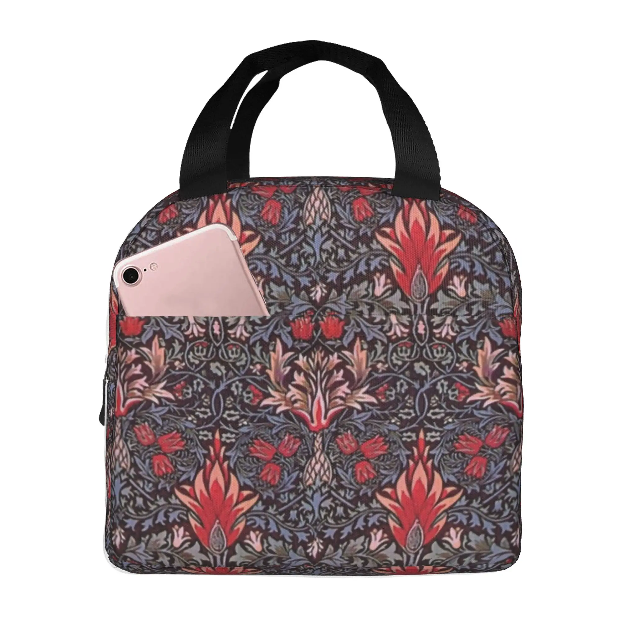 William Morris Thermal Insulated Lunch Bags Textile Pattern Portable Lunch Container for School Office Outdoor Storage Food Box