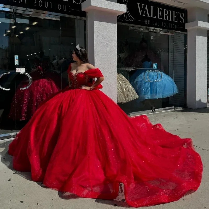 

ANGELSBRIDEP Sparkly Tulle Ball Gown Red Quinceanera Dresses Sweet 16 Year Girls Beaded Vestidos De Fiesta Birthday Party Dress