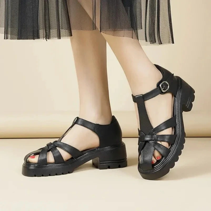 

2025 сандалии для женщин, летняя обувь большого размера из натуральной кожи, новая модель, римские сандалии на высоком каблуке с защитой носка, женские сандалии