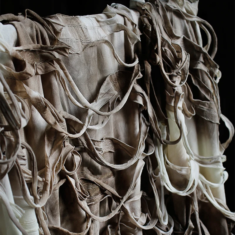 

3D Texture Tattered Fabric Bark Brown Gradient Tie-Dye Distressed Stretch Fabric Retro Art Hanfu Fashion Clothing DIY Sewing