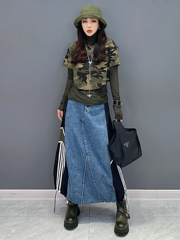 SHENGPALAE Denim Patchwork Skirt For Women Autumn 2024 New Striped Contrast Color Versatile A-line Ankle Length Skirts 5R7923