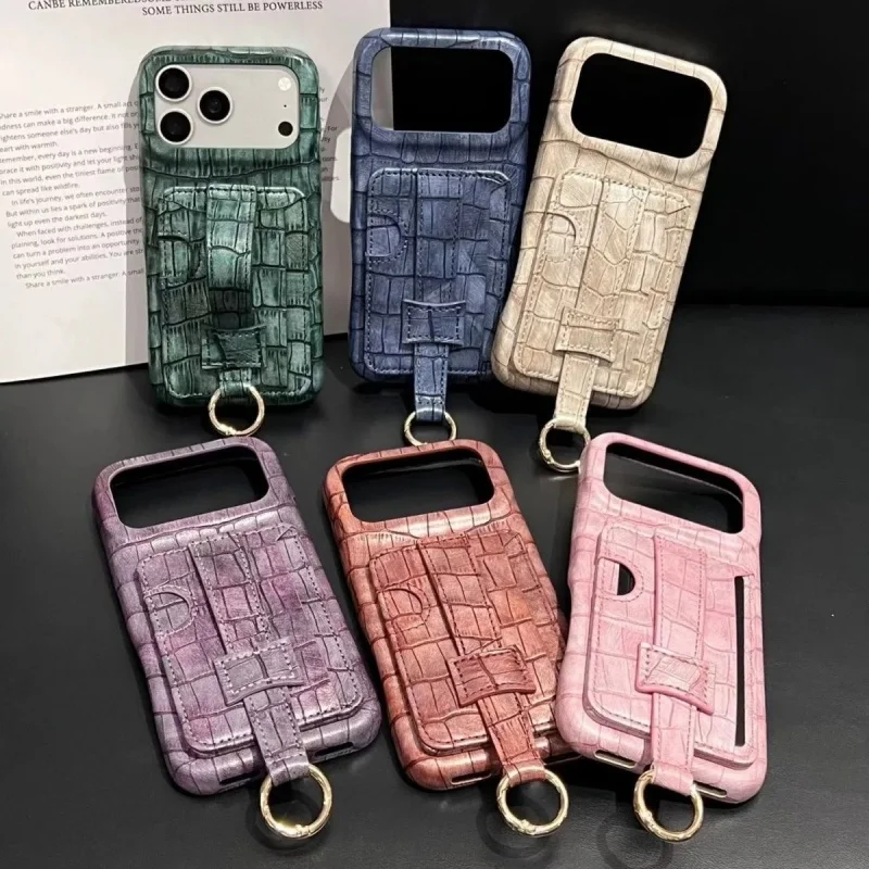 

Fashion Vintage crocodile patterned leather Phone Case iPhone17 16 15 14 13 Pro Max 17pro wristband holder fall protection Cover