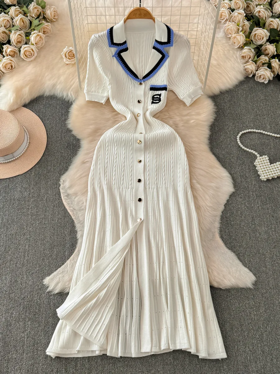 2024 neue Mode gestrickt Maxi kleid Sommer Frauen elegante Turn-Down-Kragen Stickerei langes Hemd Kleid Dame Pullover Vestidos