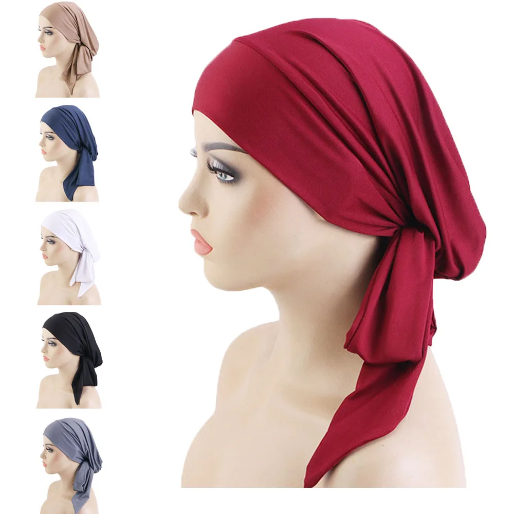 Vrouwen Lange Staart Voorgebonden Bandana 'S Moslim Binnenste Hijab Hoed Motorkap Onderdoek Tulband Chemo Cap Durag Wrap Hoofddoek Turbante Mujer