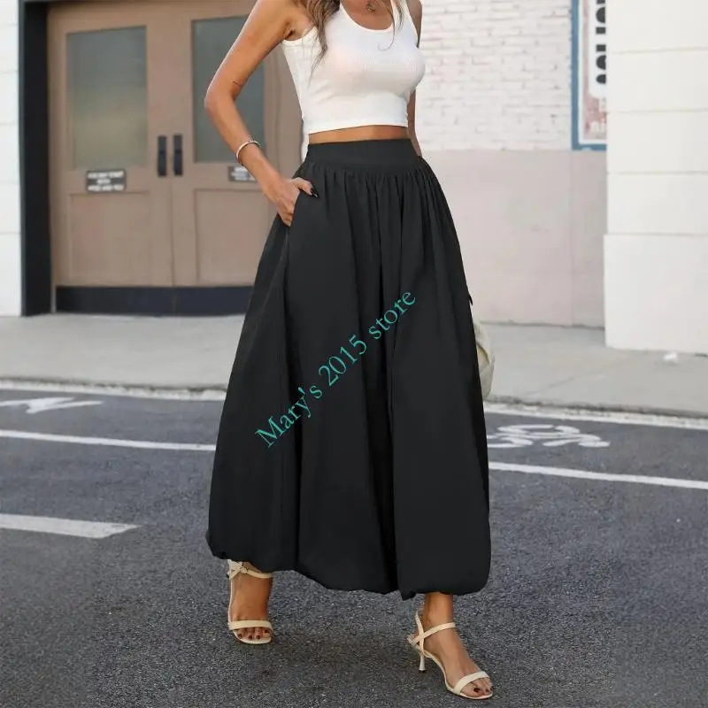 Women's Bubble Maxi Skirt with Pockets Summer Trendy Elastic Waist Flows Long Skirts 2026 Spring Fashion Beach Vacation Clothes