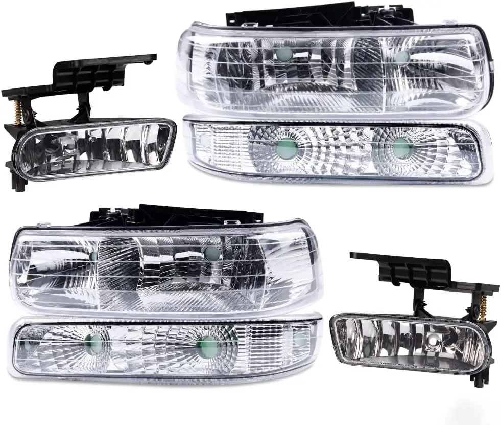 Chrome Corner Headlights and Bumper Fog Lights Kit Compatible with 1999-2002 Chevy Silverado 1500 2500 3500, 2000-2006 Suburban