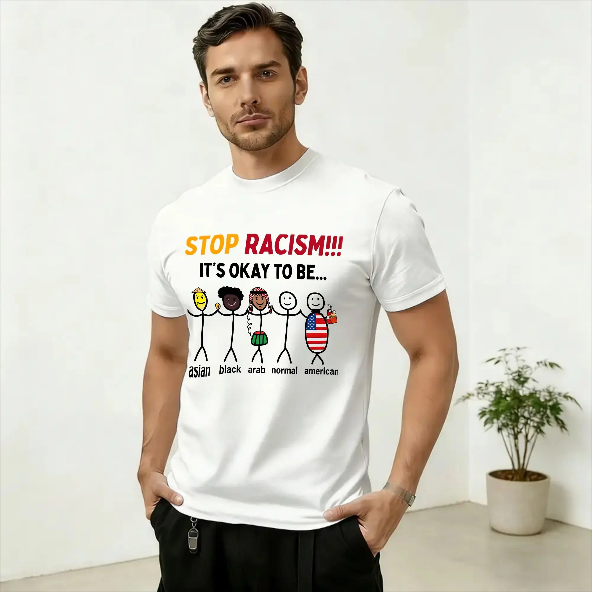 Image of Stop Racism It's okay to be T-Shirt Sommer-T-Shirts für Herren, Baumwolle, übergroße Oberteile, kurze Ärmel, Y2K, lustige Oberteile