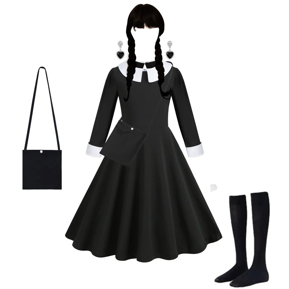 W-Wednesday Costumes for Girls Birthday Princess Costume Black Fancy Halloween Carnival Addams Cosplay Dresses for Kids