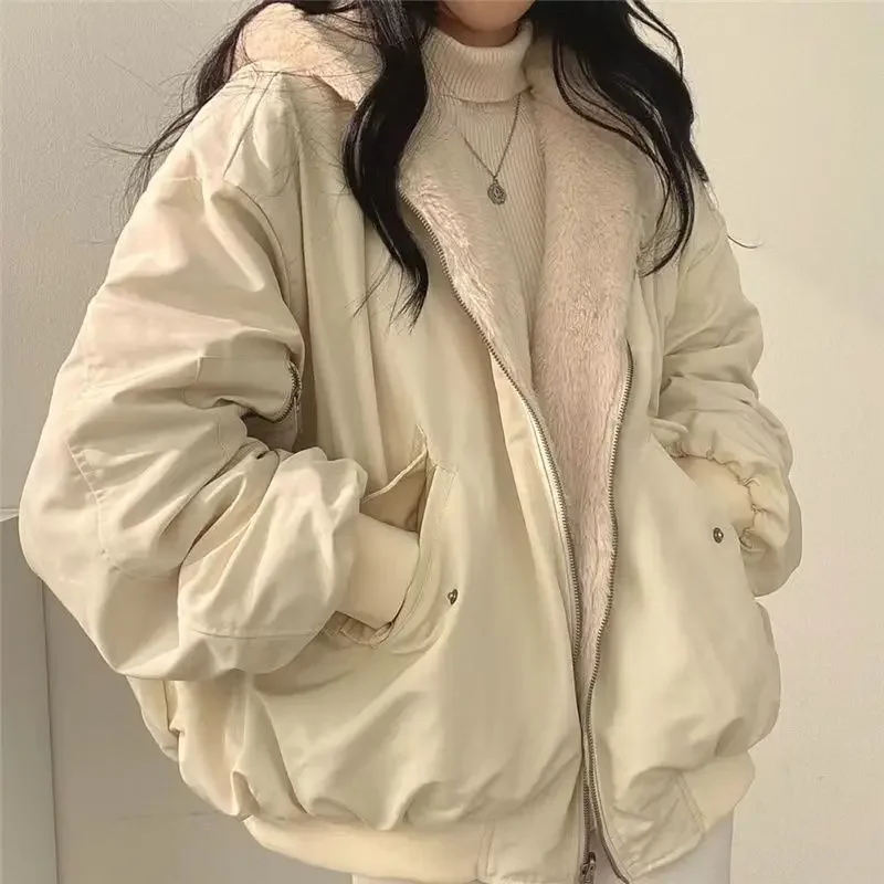 

Korean Version Plush Thickened Double-sided Lamb Wool Cotton Coat Women's Winter Loose Solid Color Zipper Hooded Jacket 2024 New