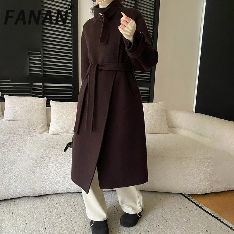 FANAN-abrigos elegantes de lana 100% para mujer, cuello levantado, cinturón, cintura recogida, prendas de vestir largas gruesas y cálidas, moda de invierno 2025