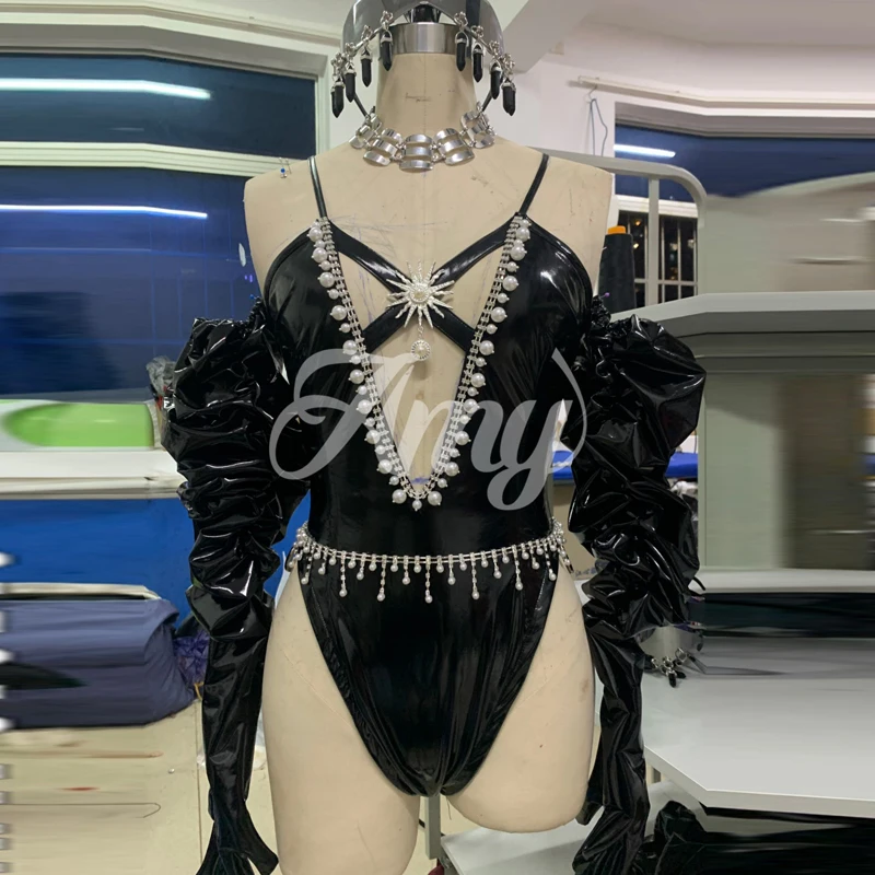 블랙 PU 가죽 슈트 섹시 바 나이트클럽 댄스 의상 컷아웃 가죽 가수 바디수트 여성 무대 공연 의상 레이브웨어