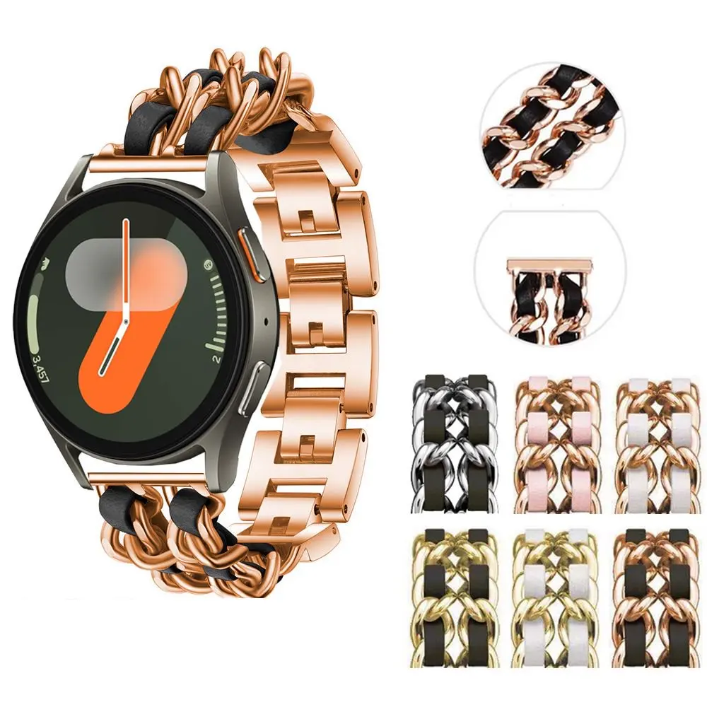 

20 22 мм металлический кожаный ремешок с двойной цепочкой для Samsung Galaxy Watch Active 2 Watch 3 4 5 Pro 6 7 FE 40 44 41 45 42 46 43 47 мм S3