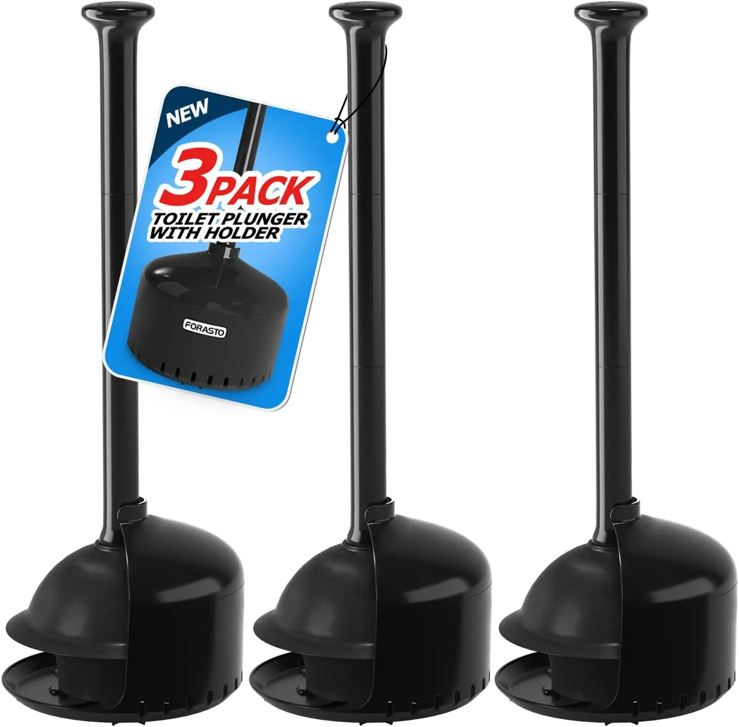 

3-Pack Toilet Plunger Set with Holder and Cover, Bathroom Decor Accessories in Black for Efficient Cleaning