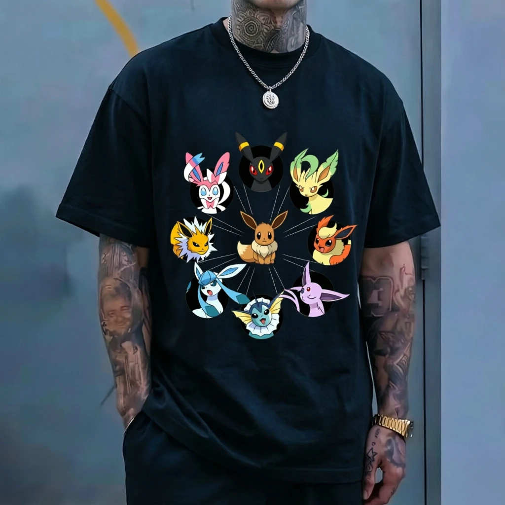 Pokemon Eevee Evolution T-shirt Eeveelutions All Forms Print Men Anime Short Sleeve Cotton Casual Streetwear Tee Tops view 2