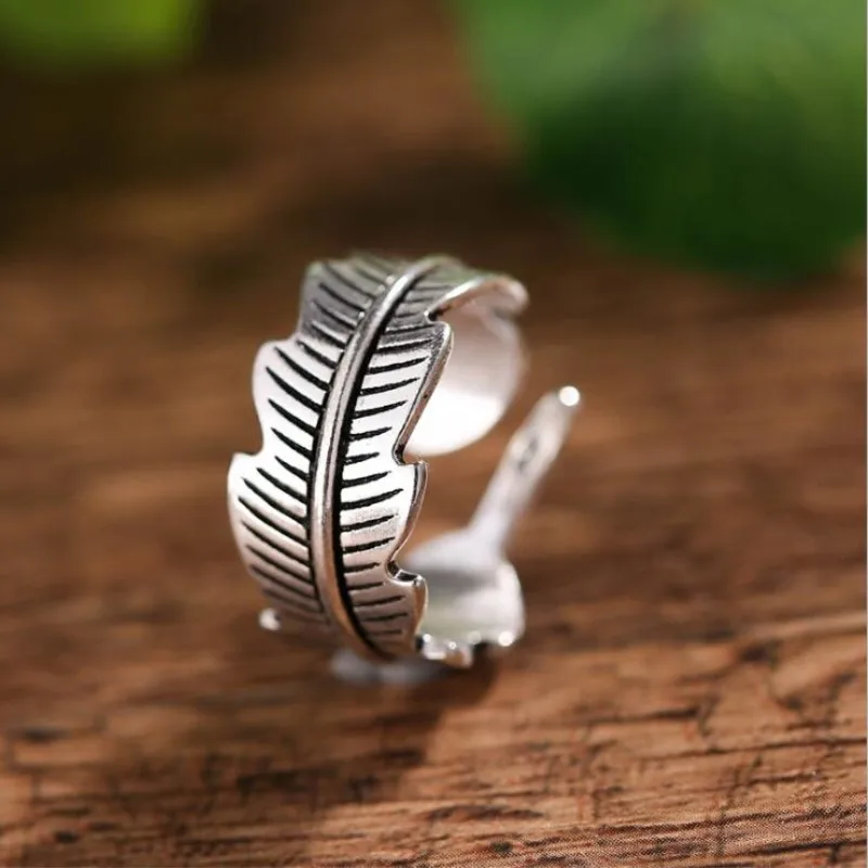 New Retro Jewelry Personality Fashion 925 Sterling Silver Atmosphere Vintage Feather Leaf Exquisite Opening Rings