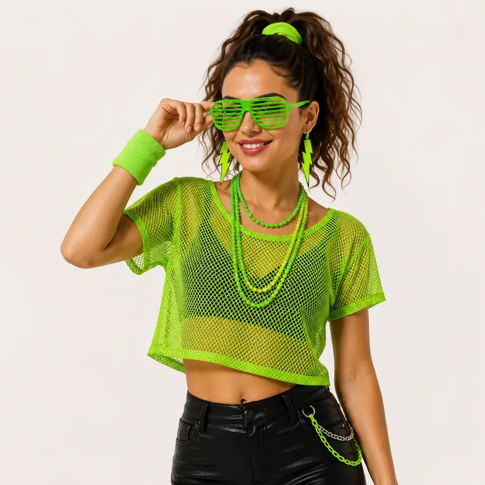 80s Retro Neon Costume Accessory Set Mesh Crop Top Wristbands Shutter Shades Lightning Earrings Beaded Necklace Disco Party
