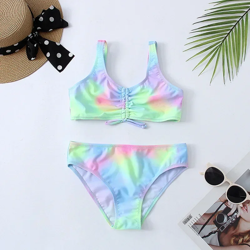 

Tie Dye Girls Swimsuit Kids 7-16 Years Two Piece Children's Swimwear Ruched Front Bikini Set Teen Bathing Suit 2022 Beachwear