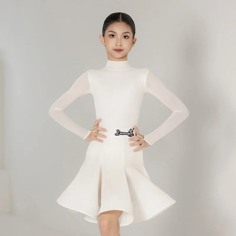 Weiß Latin Dance Lange Ärmel Cha Cha Rumba Kleidung Mädchen Kinder Samba Tanz Praxis Wettbewerb Kleid Samt Tanz Kleid