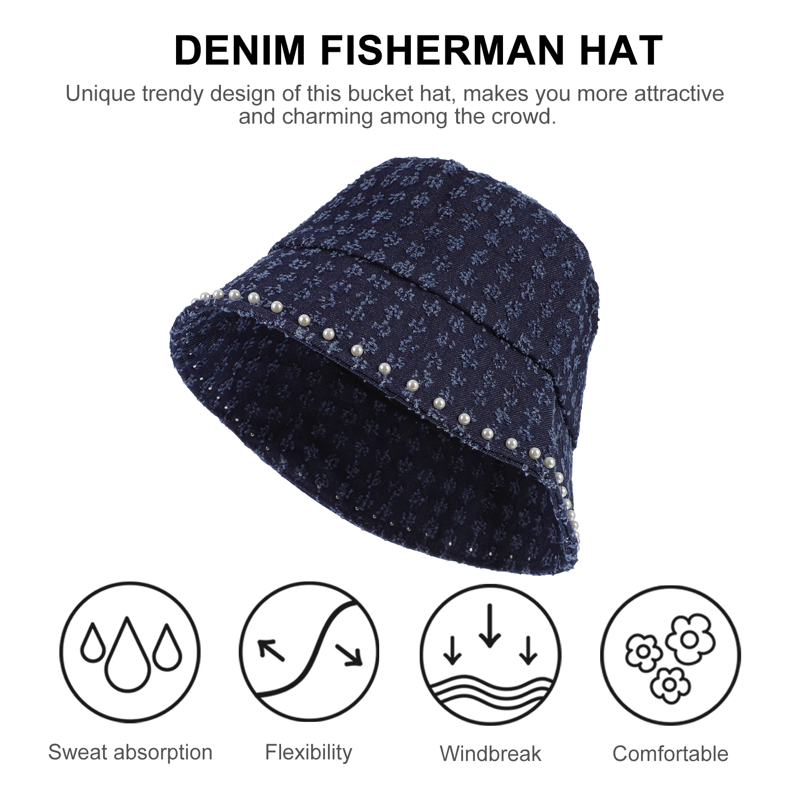 

Women Denim Pearl Fisherman Hat Fashion Lightweight Bucket Hat Casual Sun Cap for Travel Beach Outdoor Women Caps