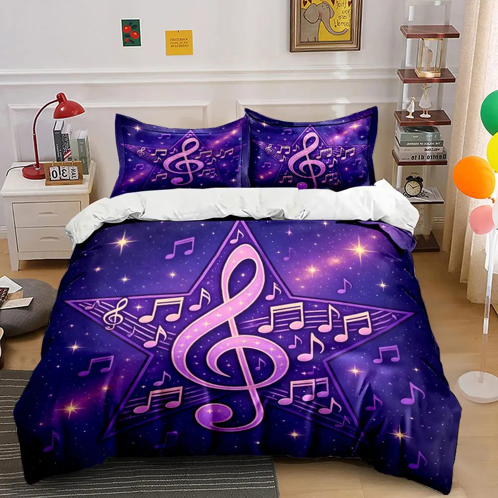 Music Notes in Purple Starry Sky Bedding Set for Kids Luxury Gift 3pcs Digital Print Comforter Set Soft Comfortable Breathable