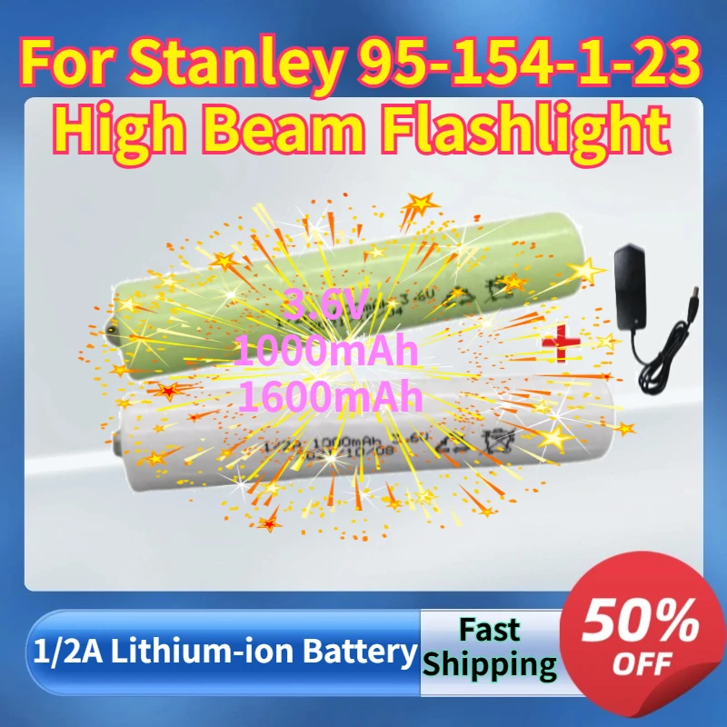 

1/2A Lithium-ion Battery 3.6V 1000mAh/1600mAh for Stanley 95-154-1-23 High Beam Flashlight Rechargeable Batteries + charger