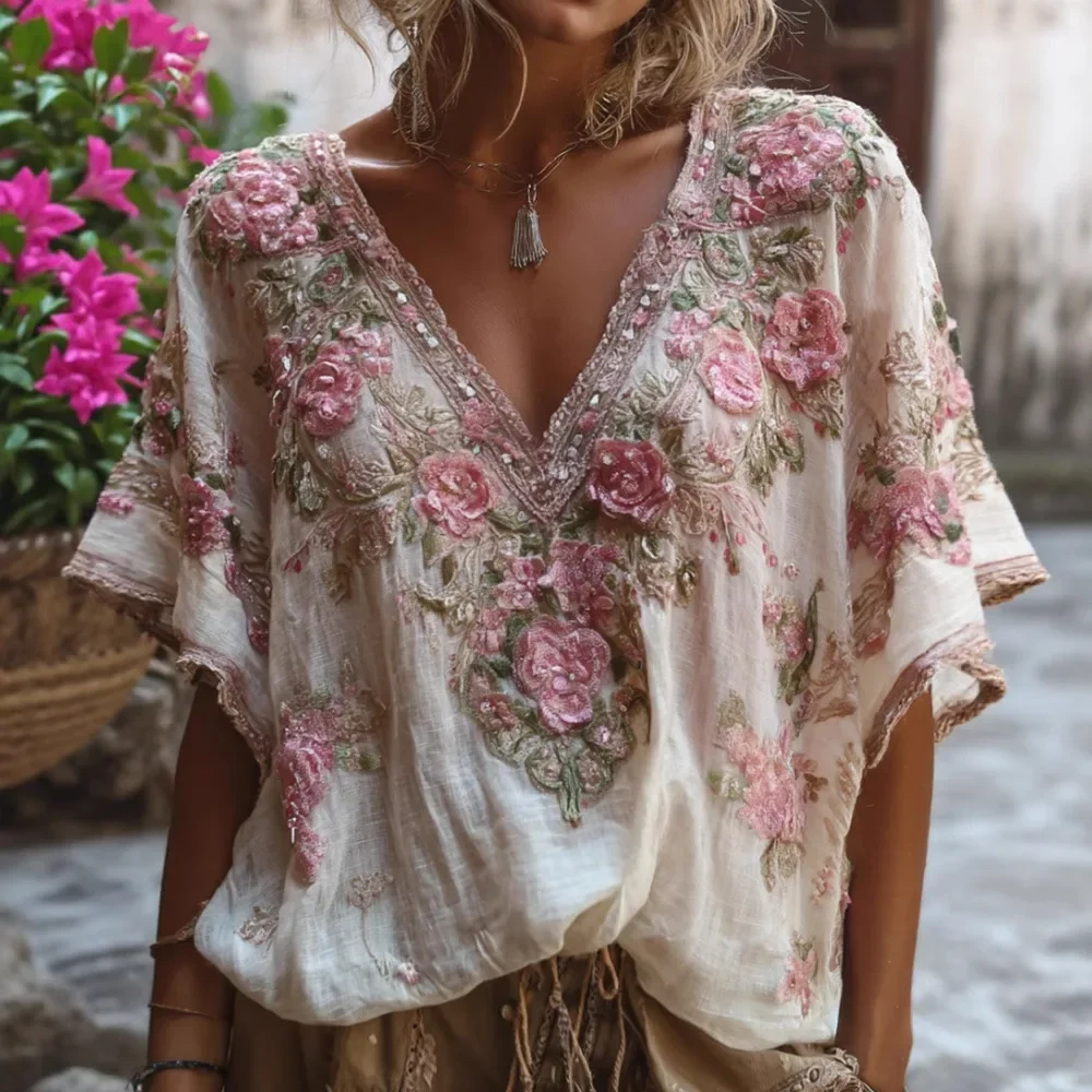 2026 New Summer Women's V-neck T-shirt Floral Print Pastoral Fashion Simple Pullover Half-sleeved Basic Top for Female