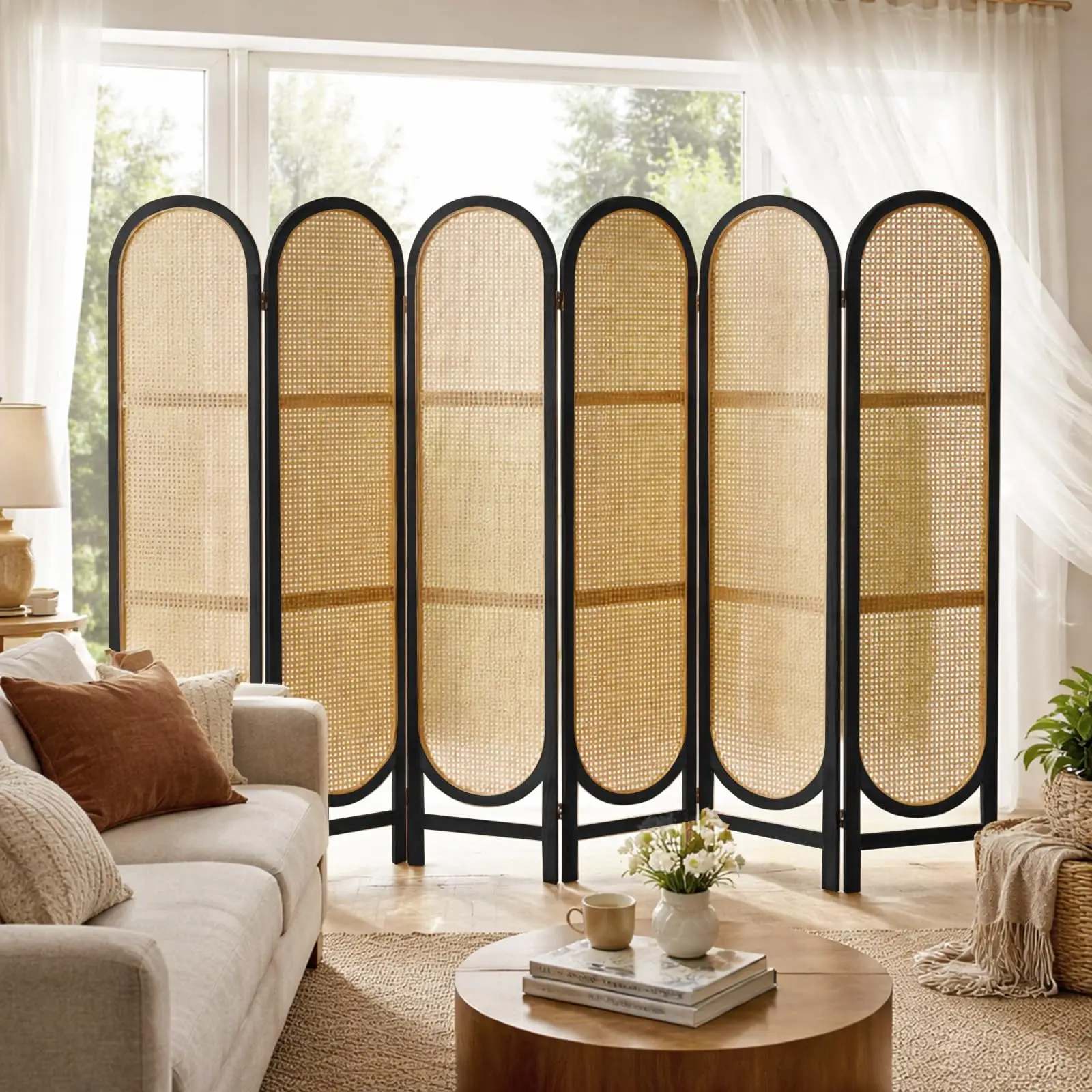 6 Panel Rattan Room Divider Sn, Pine Wood Privacy Sn