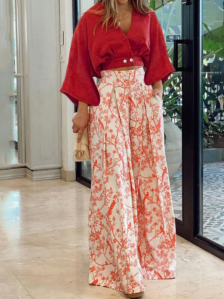 

Autumn Winter Women Trousers Suits Casual Two-piece Set Solid V-Neck Surplice Tops Floral Print Wide Leg Loose Pants Outfits