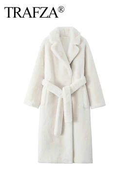 TRAFZA Winter Long Coats Woman Trendy White Turn-Down Collar Long Sleeve Pockets Belt Decoration Female High Street Warm Coat