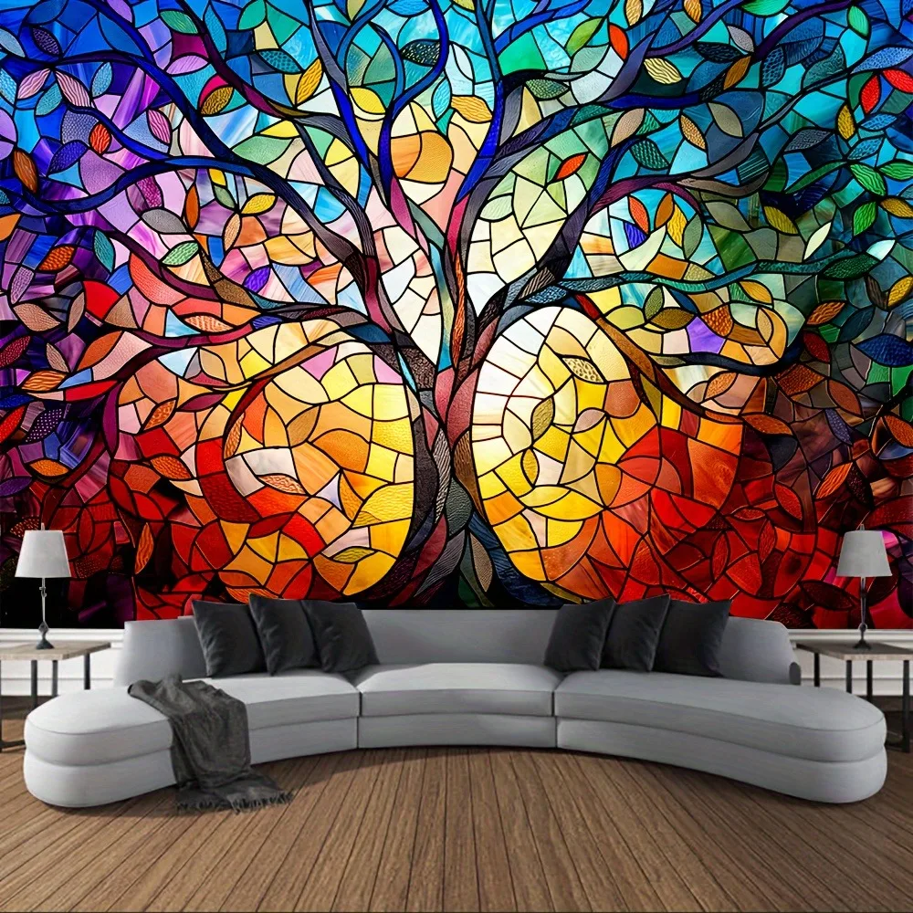 1PCS Fantasy Tree of Life Tapestry Medieval Fantasy Theme Colored Glass Wall Art Decoration Bedroom Home Aesthetics Decoration