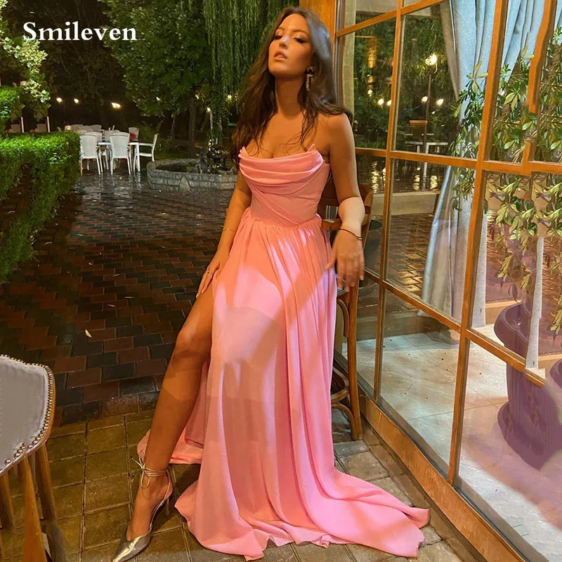 

Smileven Pink Chiffon Strapless Evening Dresses Pleats Prom Dress Side Split Saudi Arabia Simple Party Dress 2023