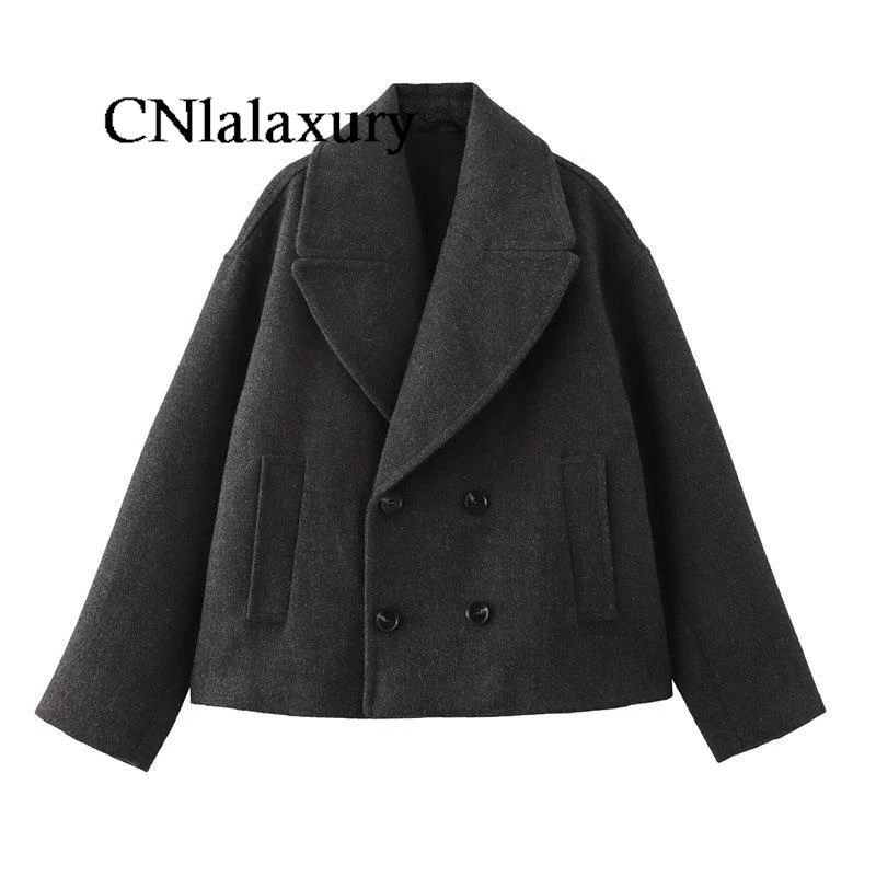 CNlalaxury Women Autumn Winter Double Breasted Woolen Coat Elegant Long Sleeves Short Jacket Fashion Lady Warm Street Outerwear