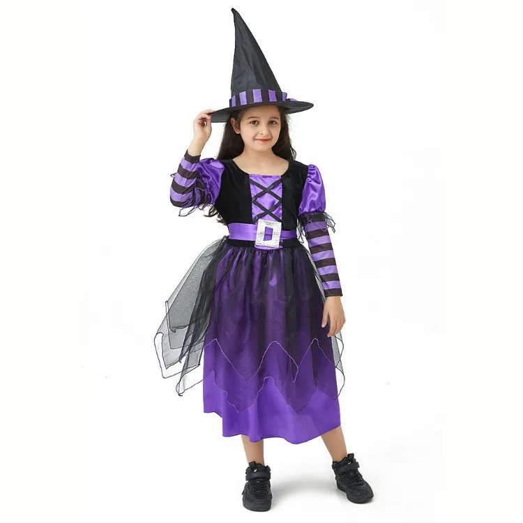 Kids Role Play Dress Girls Witch Cosplay Dress with Hat Broom Long Sleeve Tulle Halloween Fancy Costume for Carnival Party