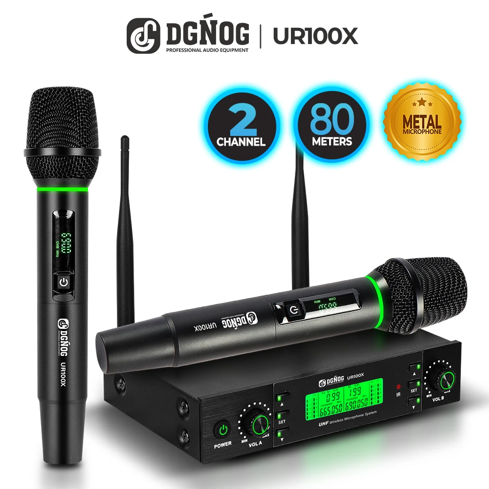 

DGNOG UR100X Wireless Microphone System UHF 2 Channel Infrared Matching 2*100 Frequency Handheld Microphone for Karaoke DJ Party