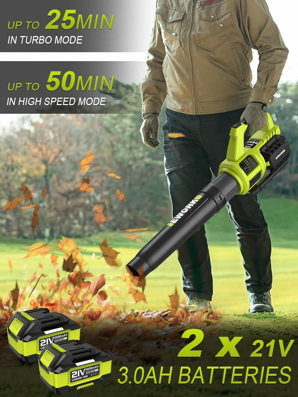 Cordless Leaf Blower with (2) 3.0Ah Battery and Fast Charger 400CFM 21V Electric Leaf Blower Cordless Variable Speed