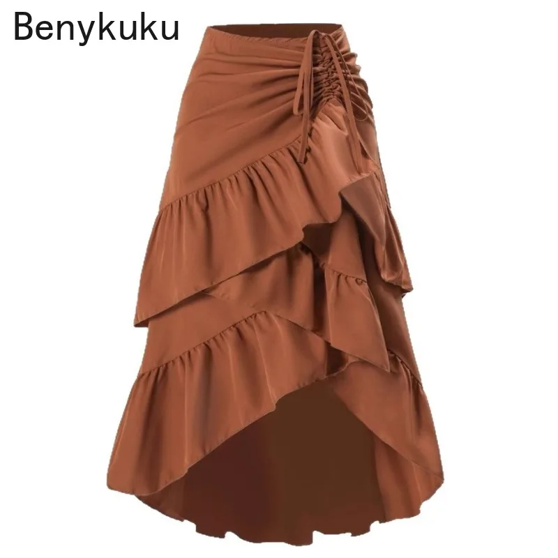 

Винтажные юбки нестандартной формы с высокой талией, женские милые свежие лоскутные тонкие юбки в стиле лотоса с рюшами по подолу, готическая юбка в стиле стимпанк, женская летняя 2026