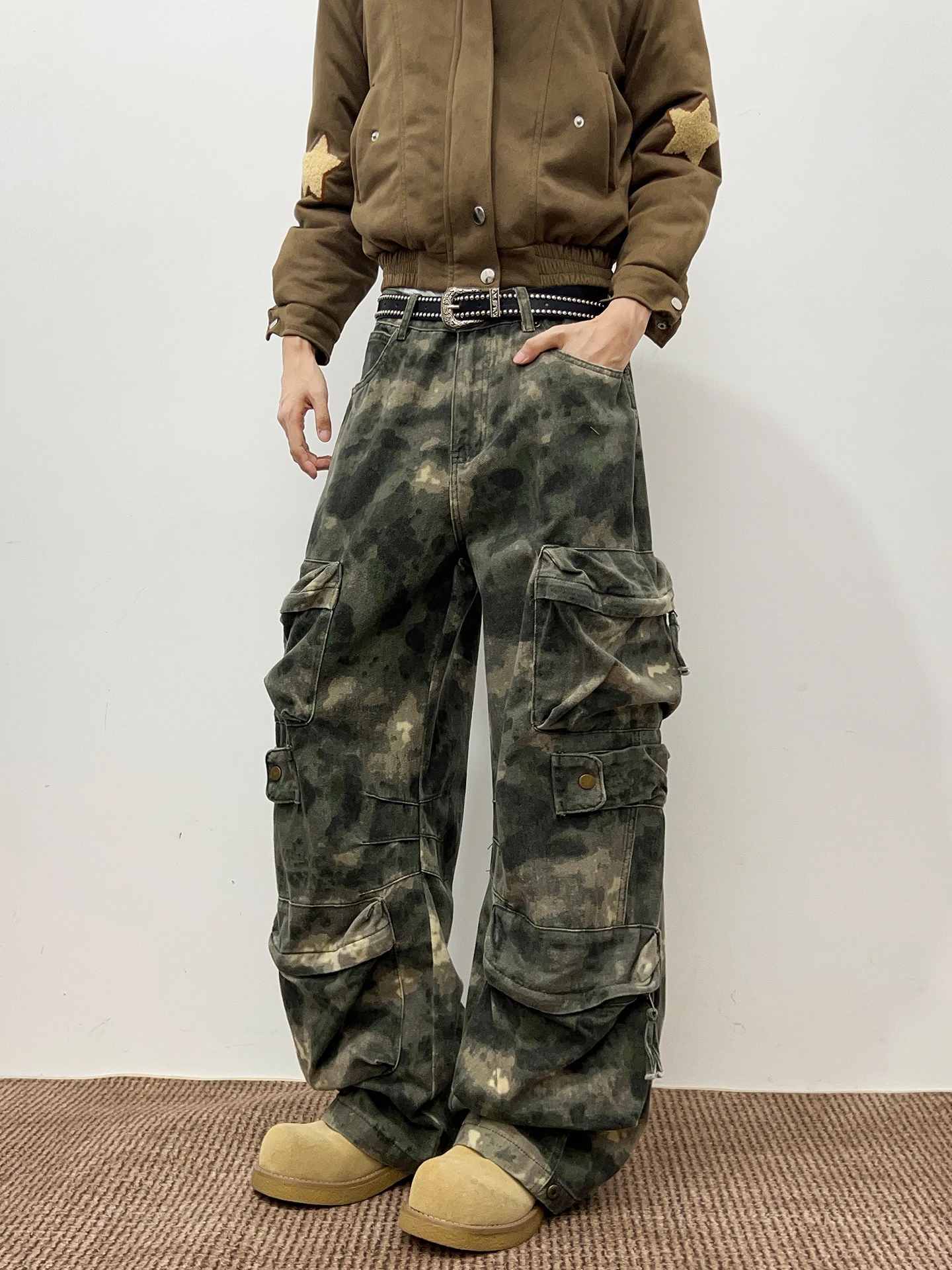 Men's Camouflage Workwear Jeans Dyeing Bomb Straight Leg Multi-Pocket Loose Wide Leg Pants Street Style Autumn Fashion