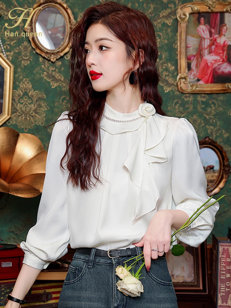 H Han Queen 2024 New Spring Women\'s Clothing Basic Office Vintage Tops Chiffon Blouse Loose Casual Shirts Elegant Female Blouses