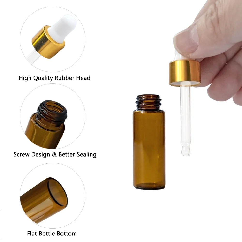 1ml 2ml 3ml 5ml Mini Dropper Bottles Amber Essential Oil Aromatherapy with Rose Gold Silver Cap Reagent Pipettes Bottles 20Pcs