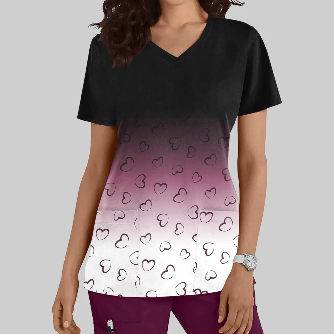 Top Argyle con cuello en V y corazón para mujer, Tops exfoliantes degradados para mujer, uniforme para enfermería, Top informal de manga corta con estampado de cuello en V para enfermera 2026