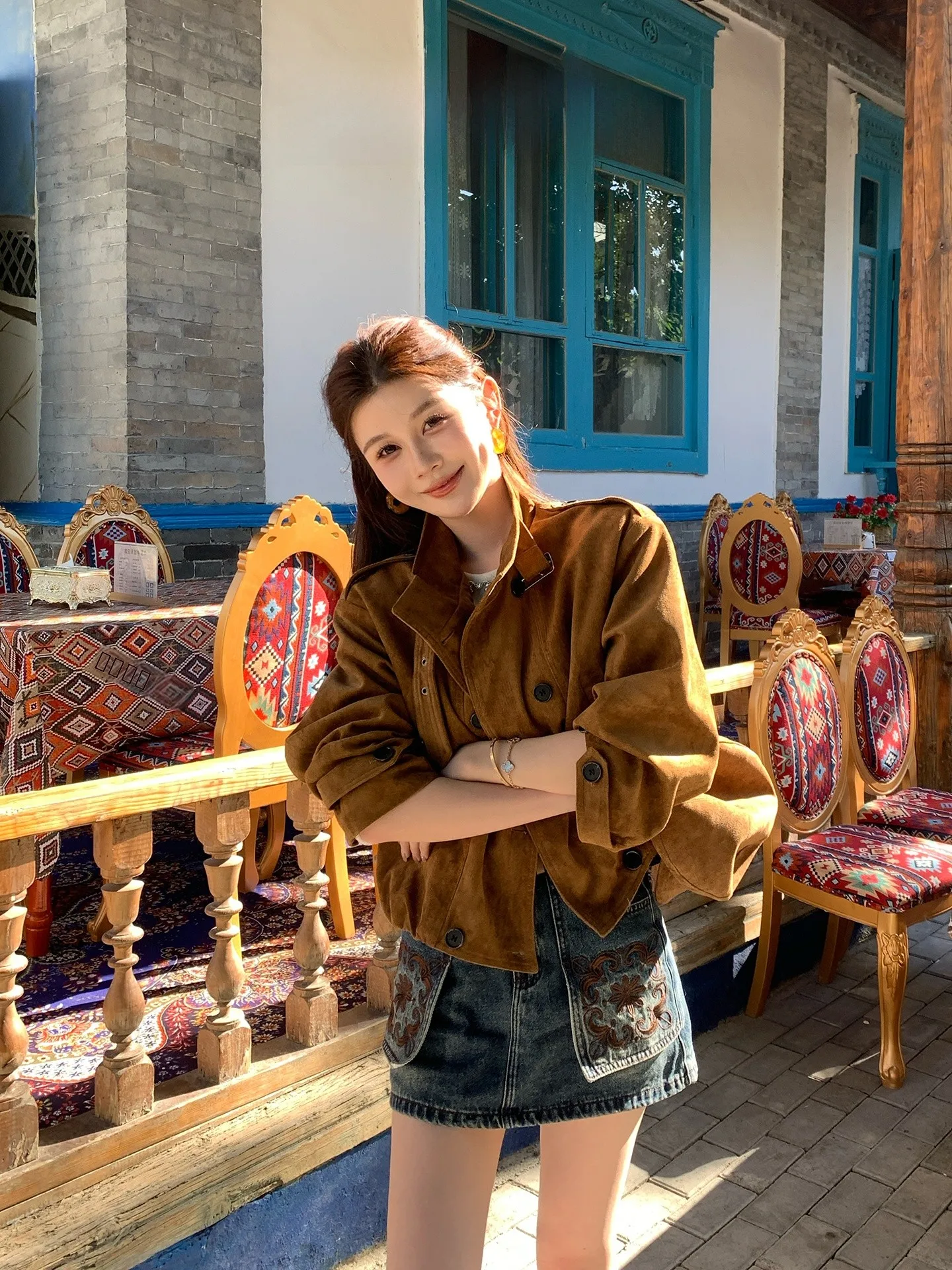 Jaqueta Feminina Casual Solta de Couro Retrô Americana AZZHEN com Franjas e Zíper em Fibra de Poliéster para Outono