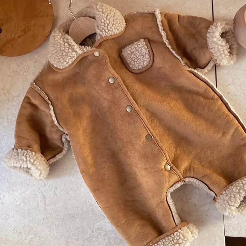 Korean baby and toddler winter outfit new jumpsuit retro suede thickened lamb wool thick warm climbing suit